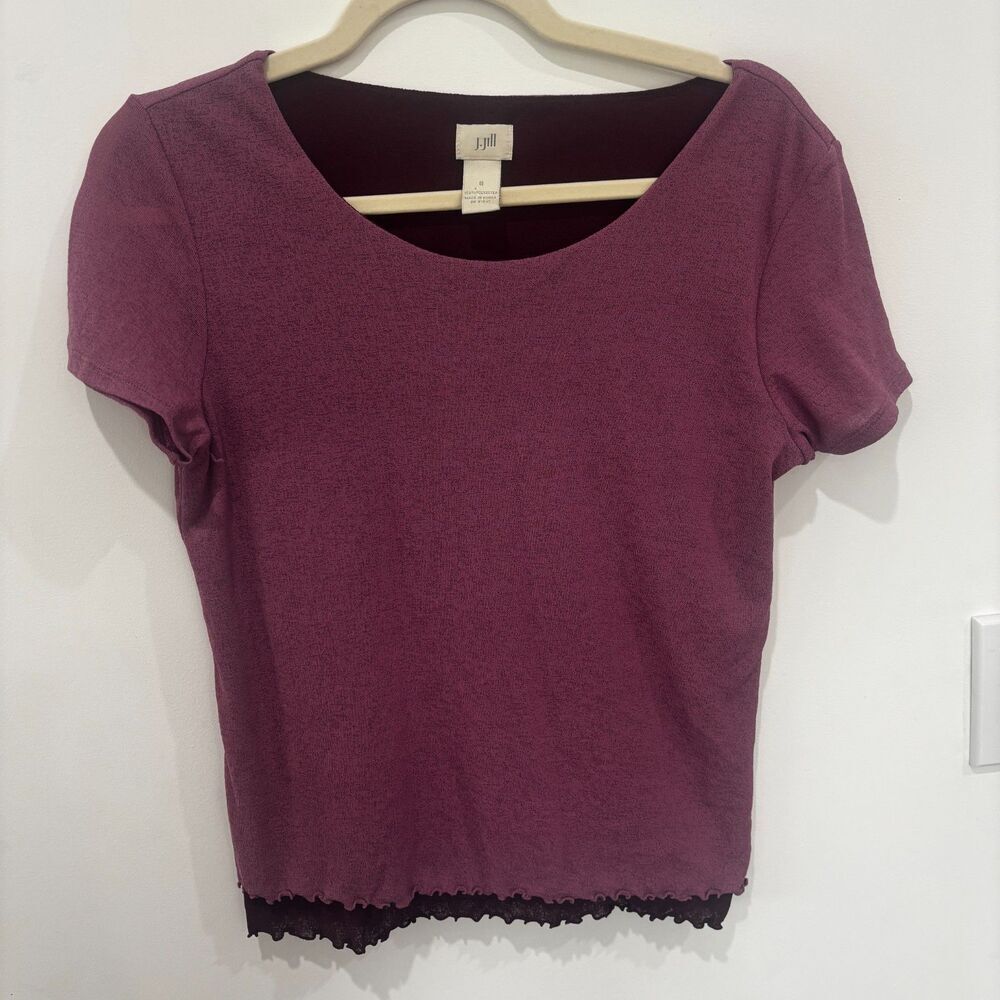 J.Jill Purple Textured Short Sleeve Top Lace Hem Size Small